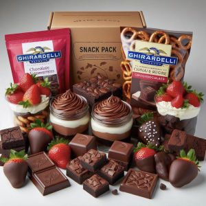 snack packs, chocolate lovers - chocolate mousse, chocolate covered strawberries, chocolate covered pretzels, brownie, ghirardelli dark chocolate square, chocolate biscotti, and chef’s choice chocolate dipped seasonal fruit
